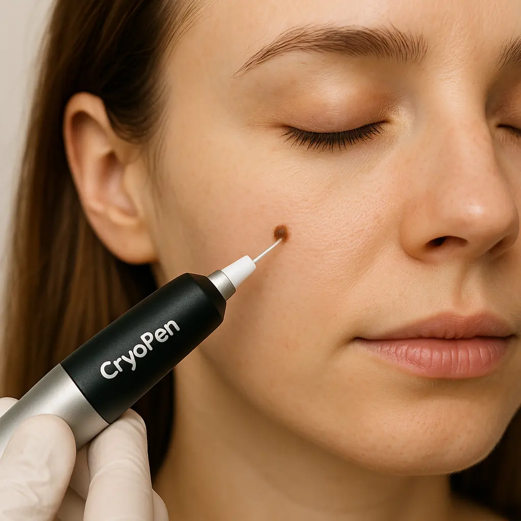 woman receiving facial mole removal Bellshill using cryopen 