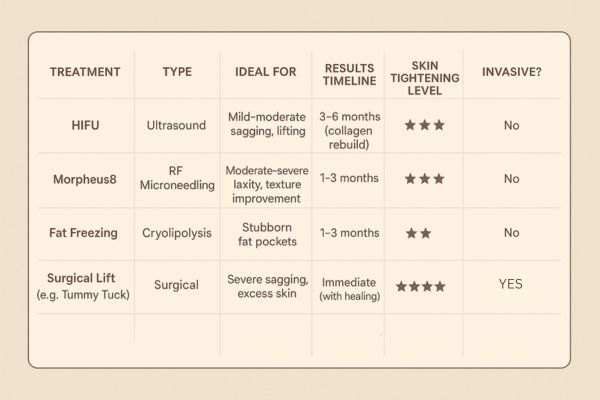 Table showing the comparisons of Skin tightening Bellshill treatment options. 